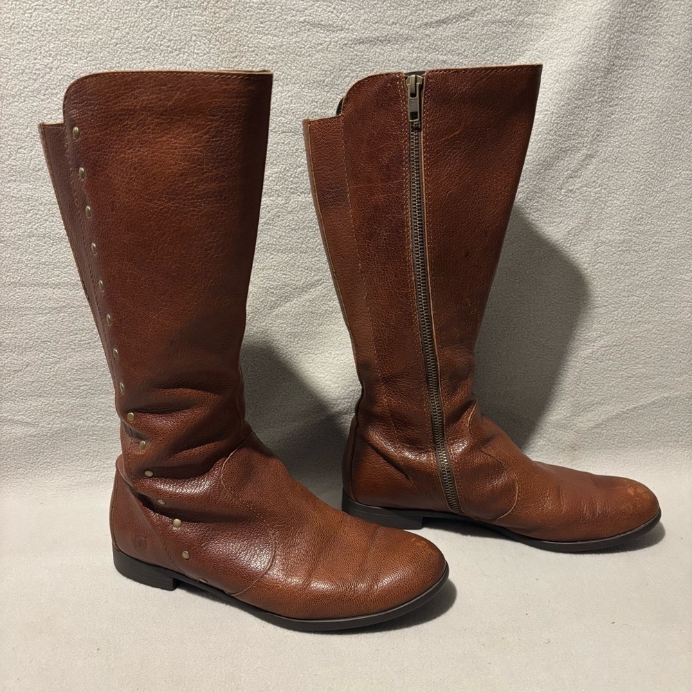 Born Amila Tall Studded Brown Leather Zip Boots Size 8M